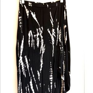 Asymmetrical wrap skirt with side slit and a black and white sumi-e ink pattern